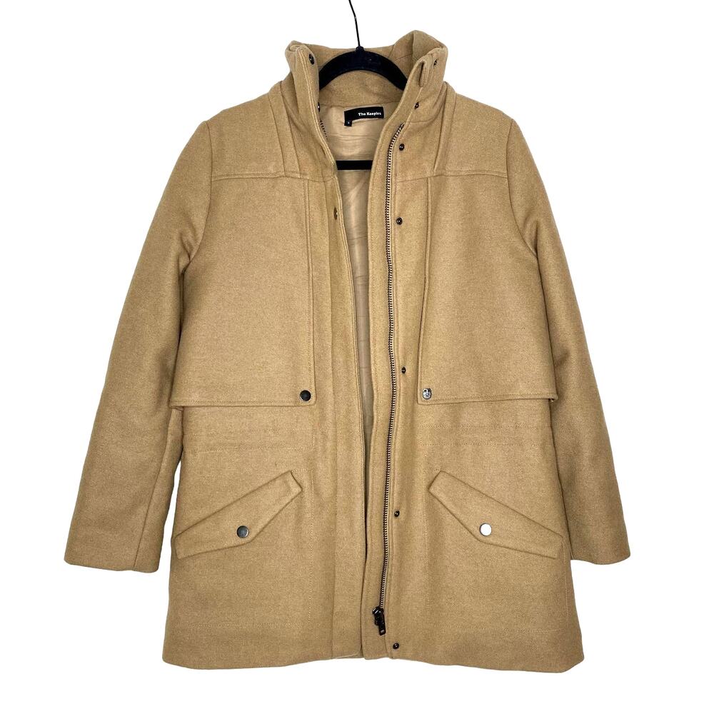 The Kooples Wool Blend Mockneck Utility Pea Coat Small Snap Front Zip Jacket Tan - Picture 1 of 15